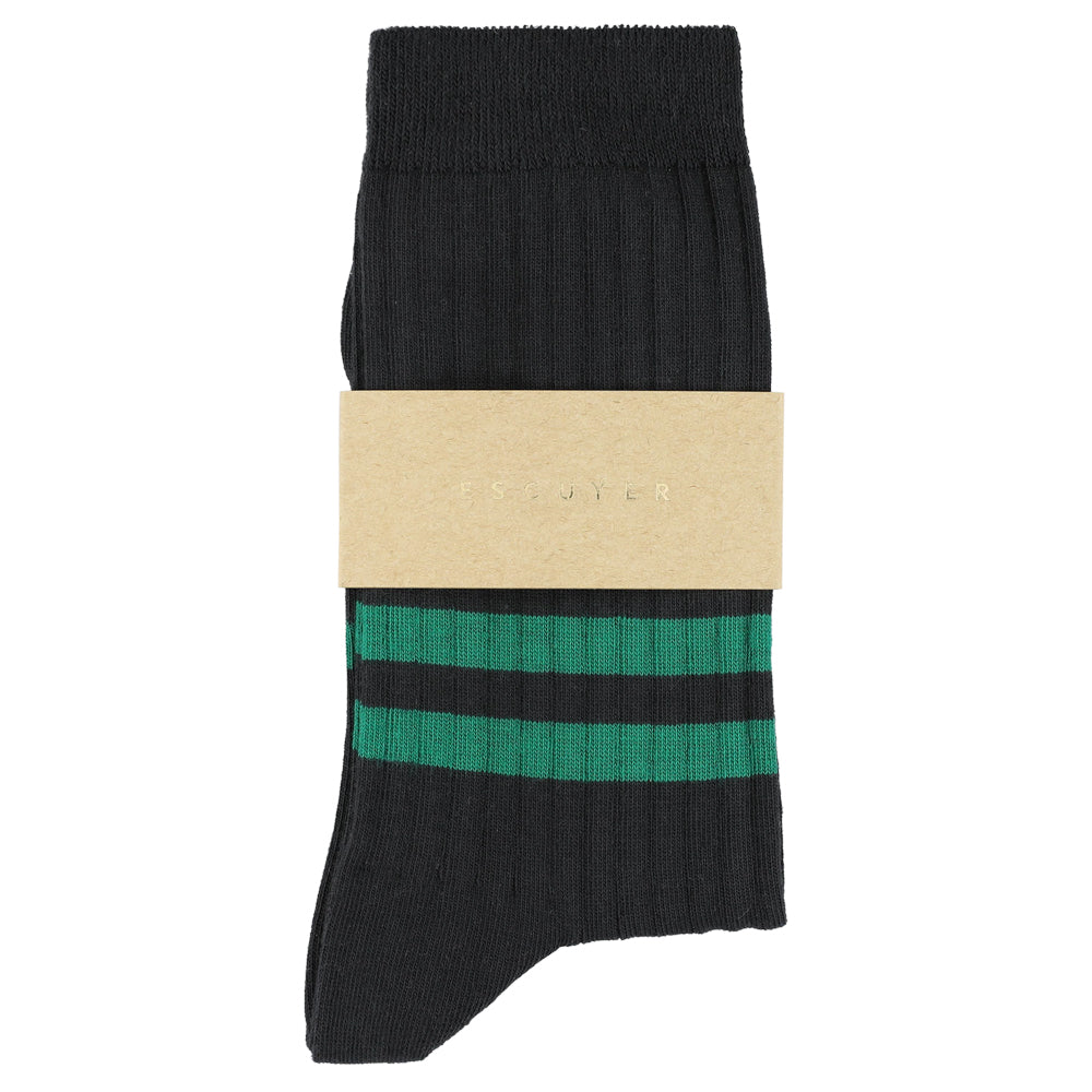 Women's Striped Socks Off Black & Green — Italian Cotton, Made in Portugal — Escuyer