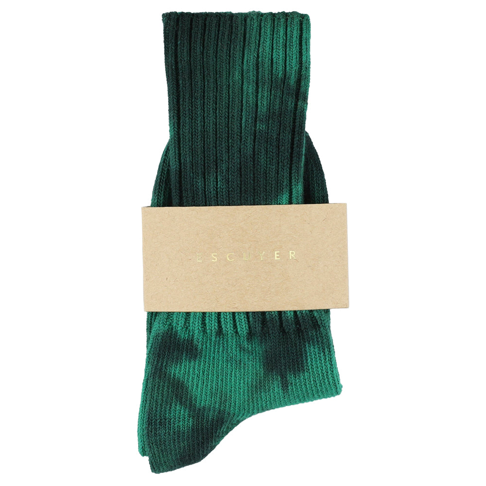 One-of-a-kind women's tie dye crew socks in black and green, hand-dyed, made in Portugal by Escuyer