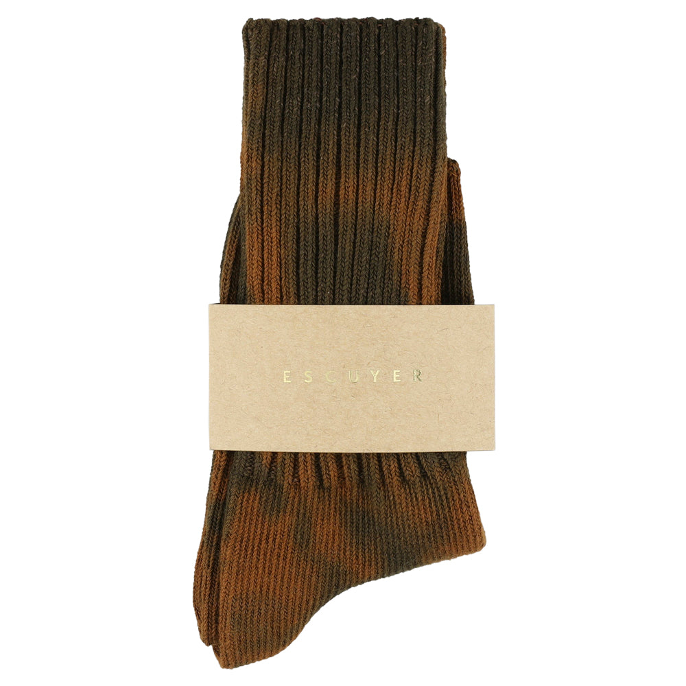 One-of-a-kind women's tie dye crew socks in brown and blue, hand-dyed, made in Portugal by Escuyer