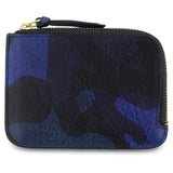 Escuyer blue camouflage zip wallet showing hand-dyed blue and black camo pattern