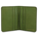 Escuyer clorofilla and lime slim wallet open — 6 card slots in natural leather interior
