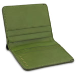 Escuyer clorofilla and lime slim wallet showing bill sleeve in natural leather interior