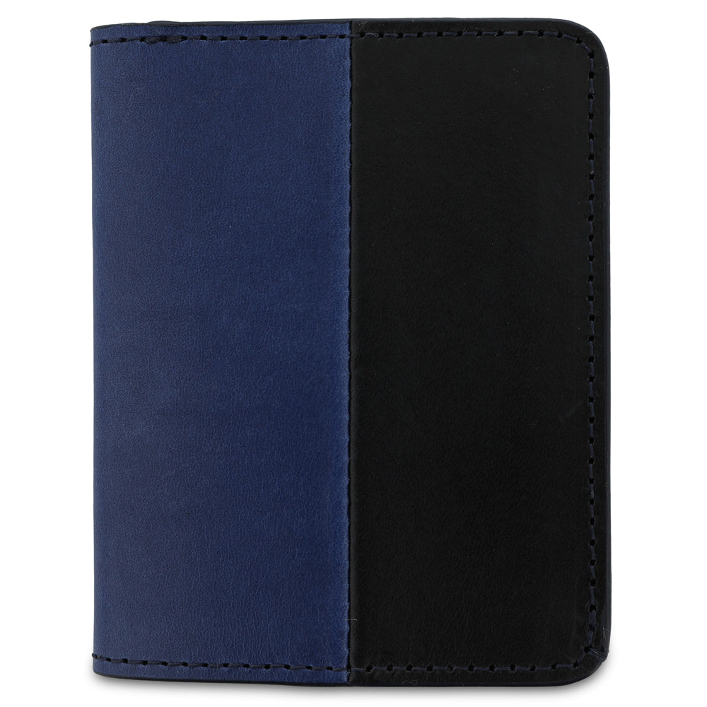 Escuyer marine and navy slim wallet — vertical colour-block exterior, marine left half, navy right half