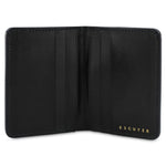 Escuyer marine and navy slim wallet open — 6 card slots in natural leather interior
