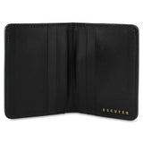 Escuyer marine and navy slim wallet open — 6 card slots in natural leather interior