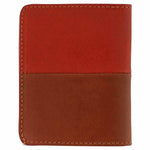 Escuyer cognac and orange slim wallet showing horizontal colour-block split and slim profile
