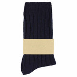 Close-up of Escuyer Navy women's cashmere crew socks — 10% cashmere, 38% virgin wool, GRS certified recycled polyamide