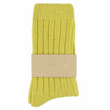 Close-up of Escuyer Yellow women's cashmere crew socks — 10% cashmere, 38% virgin wool, GRS certified recycled polyamide