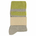 Close-up of Escuyer Beige / Green women's striped cashmere socks — 10% cashmere, 38% virgin wool, GRS certified recycled polyamide