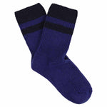Escuyer women's striped cashmere socks in Strong Blue and Navy — mid-calf crew cut, premium cashmere and virgin wool blend, handmade in Portugal