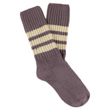 Women's striped crew socks in off purple and ecru, slub cotton, made in Portugal by Escuyer