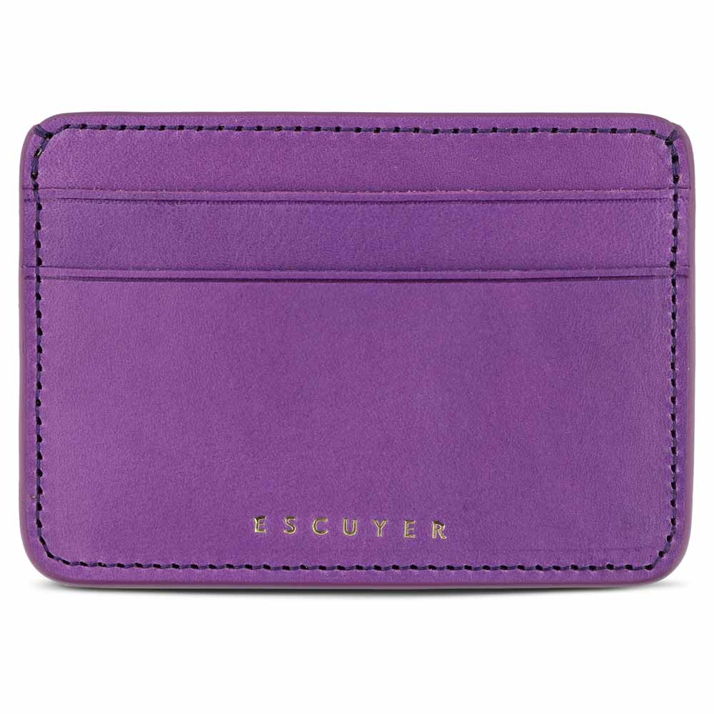 Escuyer violet leather cardholder — handmade vegetable tanned leather card case, front view
