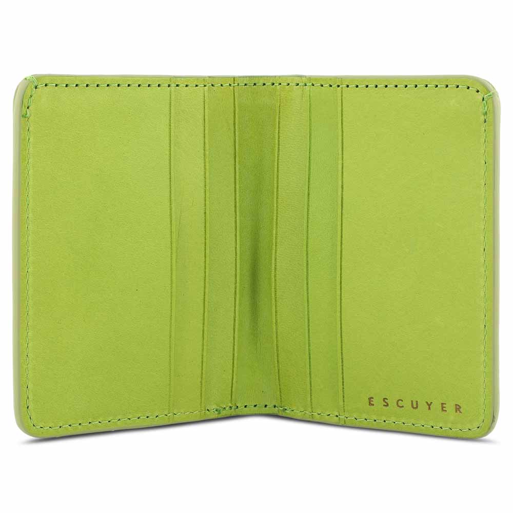 Escuyer clorofilla slim wallet open — 6 card slots in natural leather interior