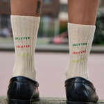 Woman wearing Escuyer logo ribbed crew socks, made in Portugal
