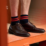 Man wearing Escuyer Men Striped Ankle Socks Khaki / Ecru with brown loafers — versatile everyday style