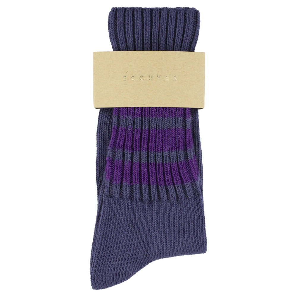 Navy sock with purple accents on a white background