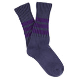 Women's striped crew socks in blue and purple, slub cotton, made in Portugal by Escuyer