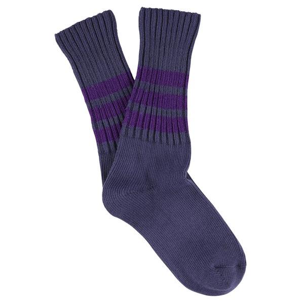 Pair of blue socks with purple stripes on a white background