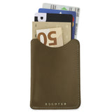 Escuyer khaki leather card sleeve holding cards and a folded banknote — holds up to 8 cards