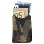 Escuyer military camouflage leather card sleeve holding cards and a folded banknote — holds up to 8 cards