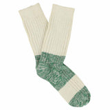 Ecru and green colour-block melange socks by Escuyer, combed cotton, made in Portugal