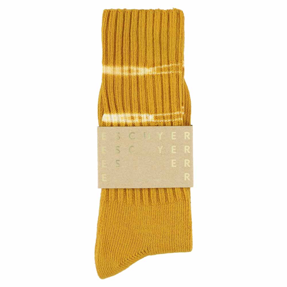 One-of-a-kind men's mustard dyed crew socks, hand-dyed, made in Portugal by Escuyer