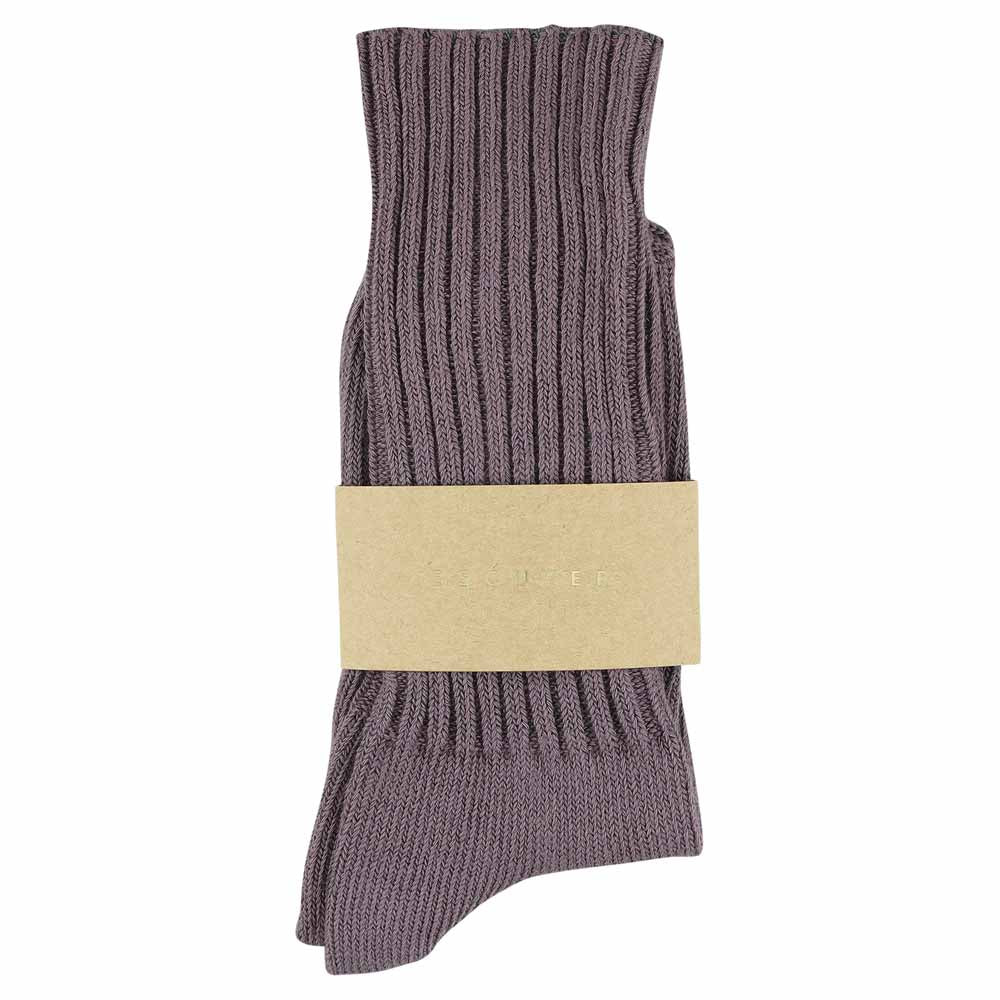 Women's ribbed crew socks in off purple, slub cotton, made in Portugal by Escuyer