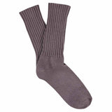 Women's ribbed crew socks in off purple, slub cotton, made in Portugal by Escuyer