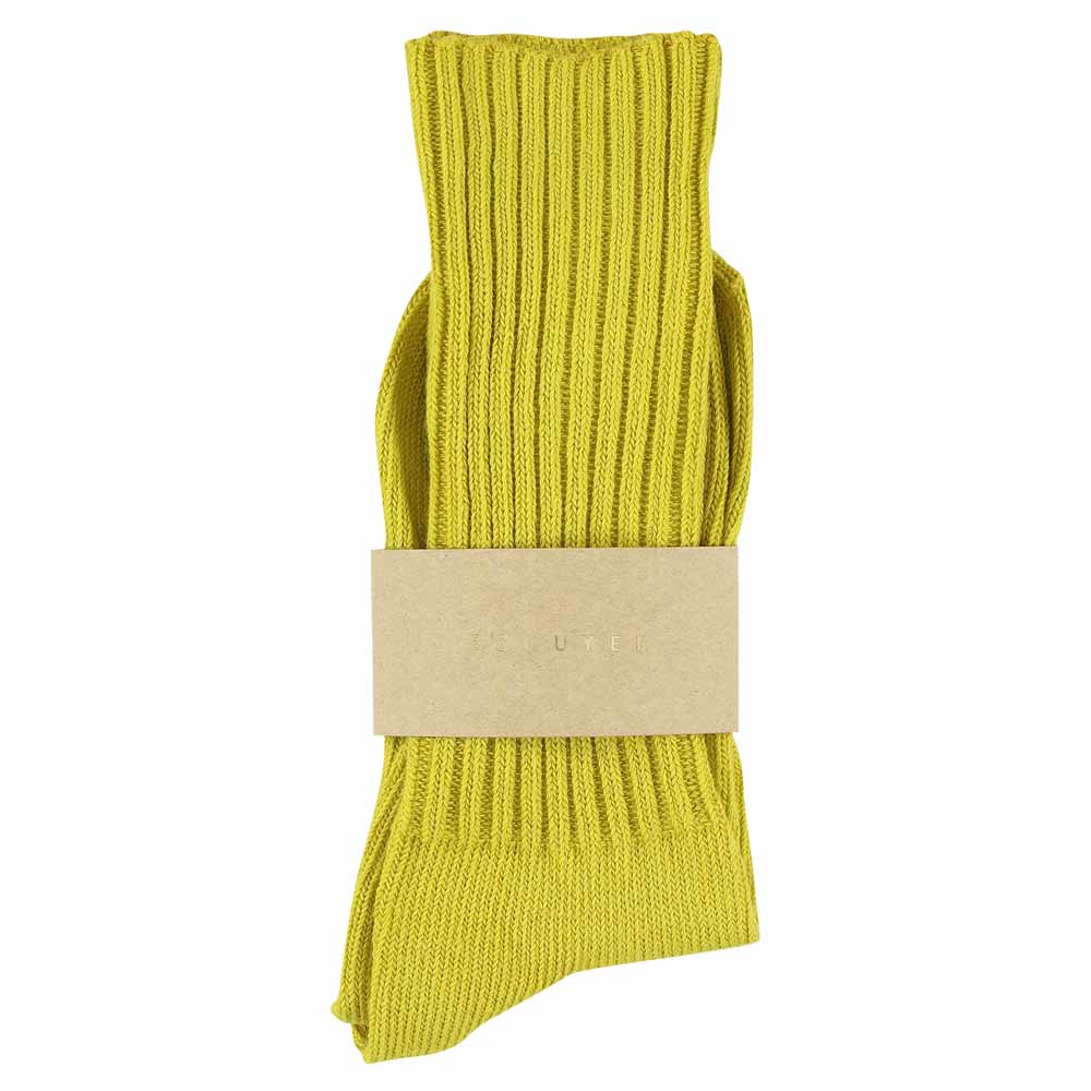 Women's ribbed crew socks in yellow, slub cotton, made in Portugal by Escuyer