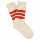 Women's striped crew socks in ecru and orange, slub cotton, made in Portugal by Escuyer