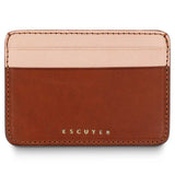 Escuyer leather cardholder in cognac and pink — cognac front body, pink card pockets and back