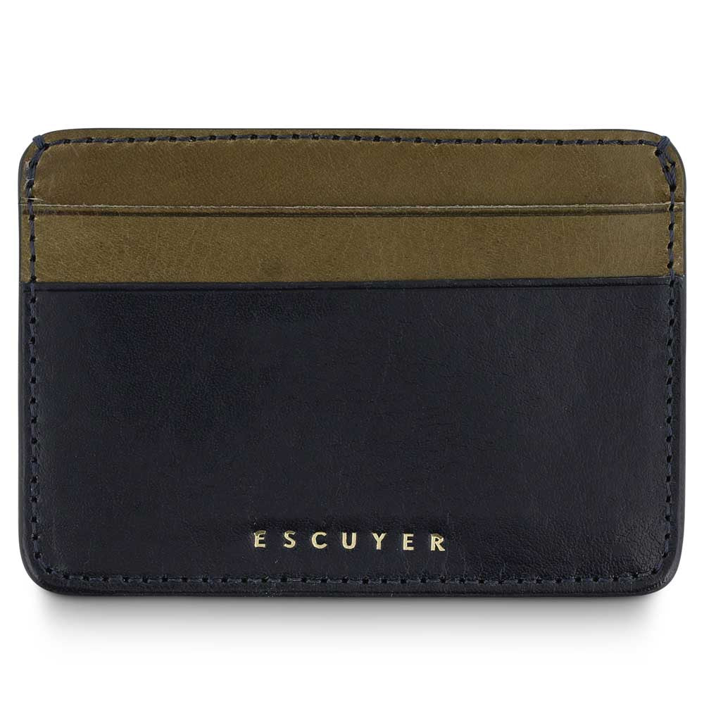 Escuyer leather cardholder in blue and khaki — blue front body, khaki card pockets and back
