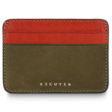 Escuyer leather cardholder in khaki and orange — khaki front body, orange card pockets and back