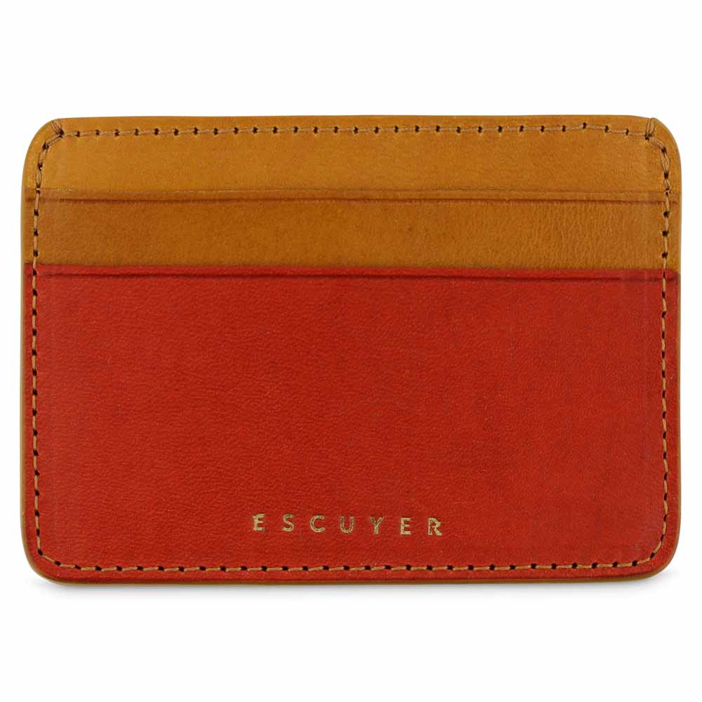 Escuyer leather cardholder in orange and mustard — orange front body, mustard card pockets and back
