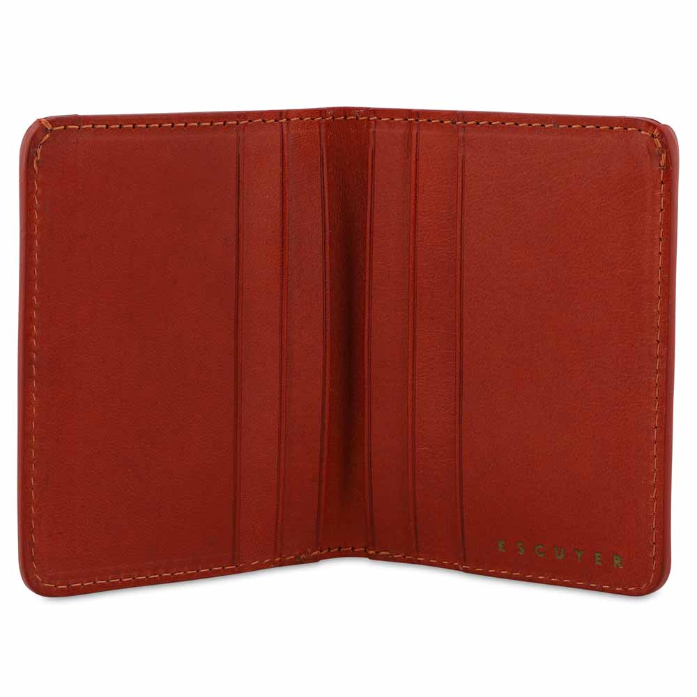Escuyer cognac and orange slim wallet open — 6 card slots in natural leather interior