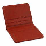 Escuyer cognac and orange slim wallet showing bill sleeve in natural leather interior