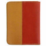 Escuyer orange and mustard slim wallet showing vertical colour-block split and slim profile