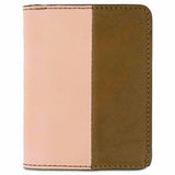 Escuyer pink and safari slim wallet — vertical colour-block exterior, pink left half, safari right half