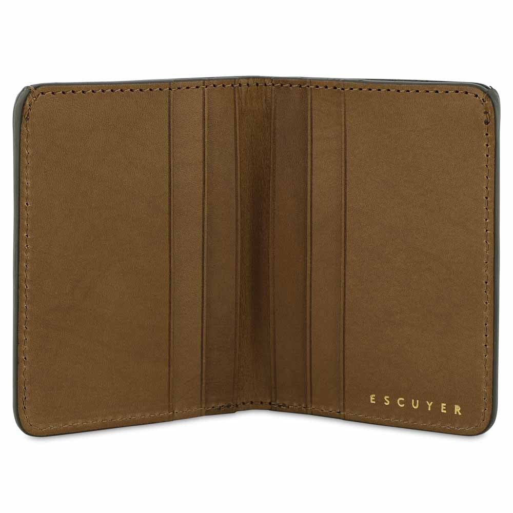 Escuyer pink and safari slim wallet open — 6 card slots in natural leather interior