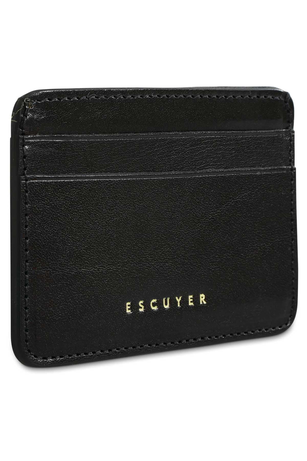 Interior view of Escuyer black leather cardholder — centre bill section and card pockets