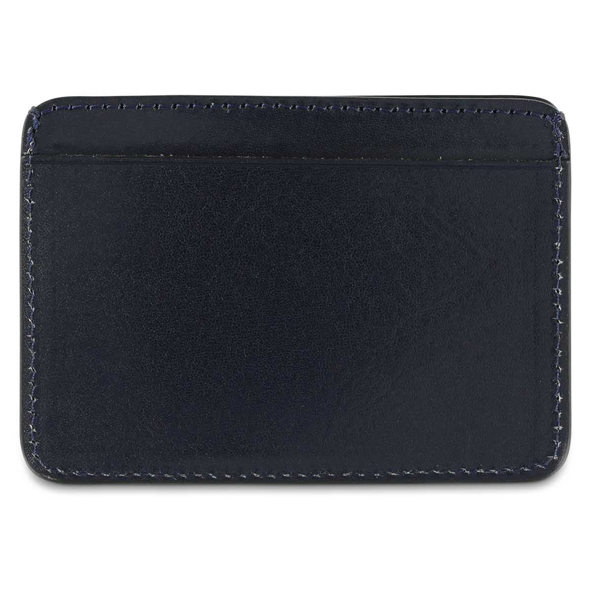 Slim blue leather cardholder by Escuyer, showing hand painted edges and card slots