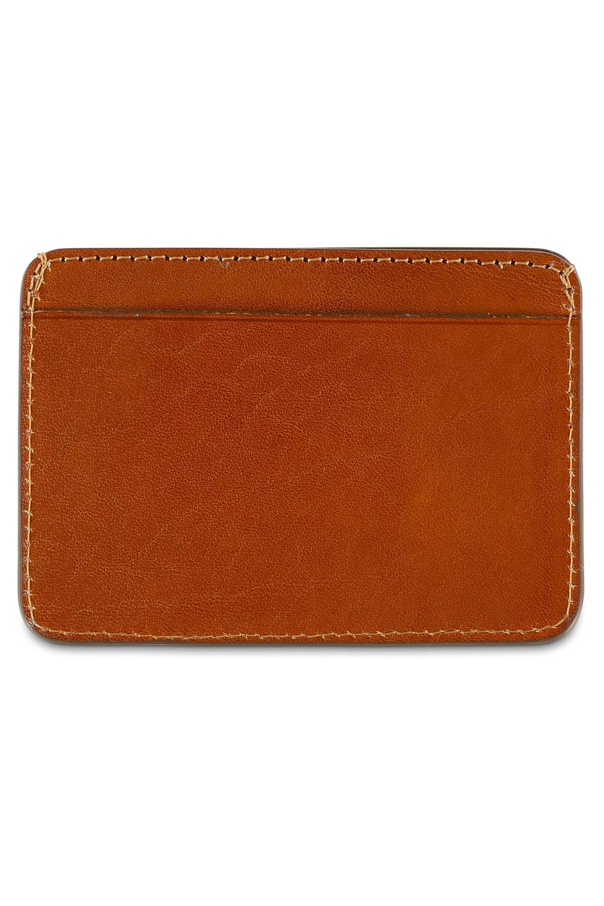 Slim cognac leather cardholder by Escuyer, showing hand painted edges and card slots