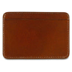 Slim light brown leather cardholder by Escuyer, showing hand painted edges and card slots