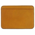 Slim yellow leather cardholder by Escuyer, showing hand painted edges and card slots