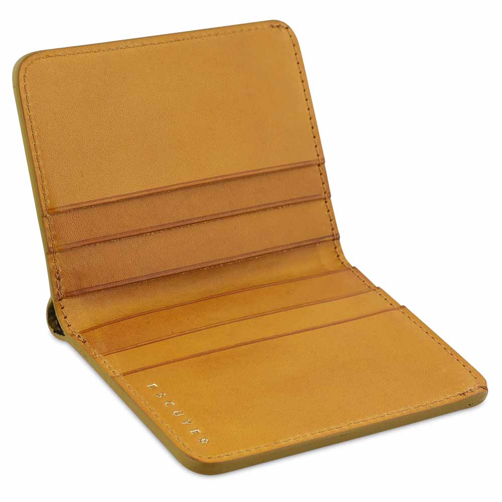Escuyer orange and mustard slim wallet showing bill sleeve in natural leather interior