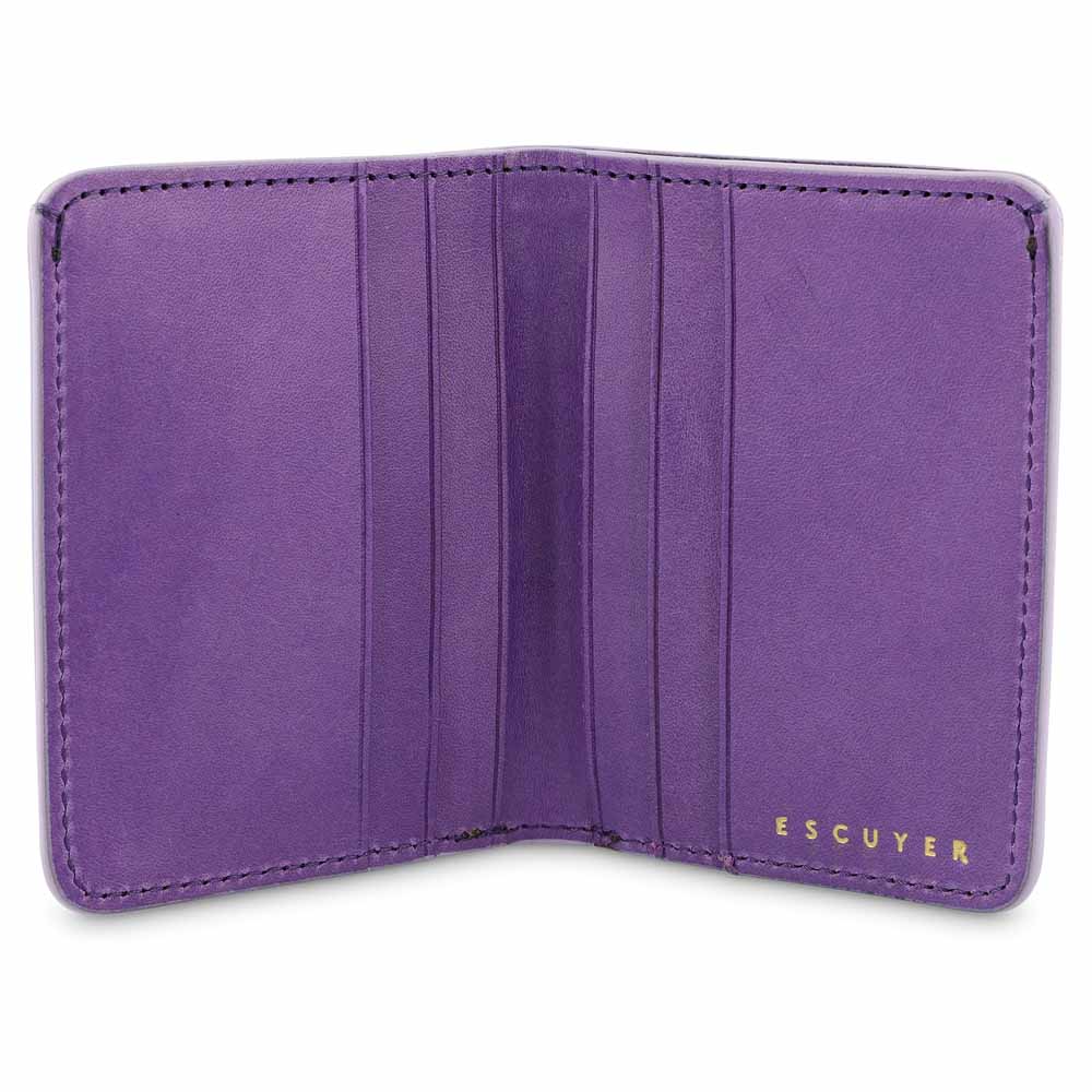 Escuyer violet slim wallet open — 6 card slots in natural leather interior