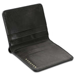 Escuyer black slim wallet showing bill sleeve in natural leather interior