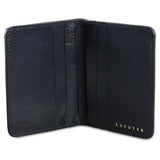 Escuyer blue slim wallet showing bill sleeve in natural leather interior