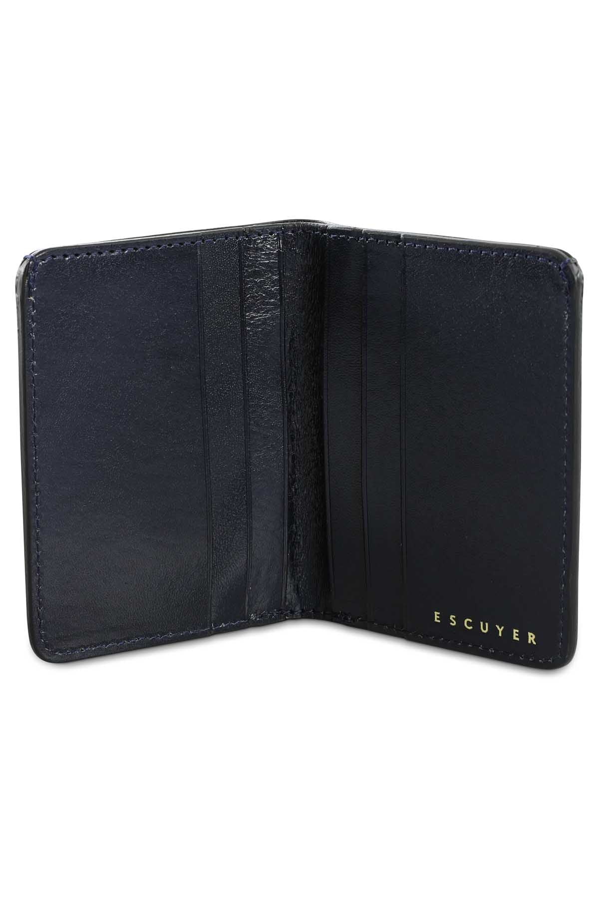 Escuyer blue slim wallet showing bill sleeve in natural leather interior