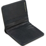 Escuyer blue slim wallet showing slim profile and hand painted edges